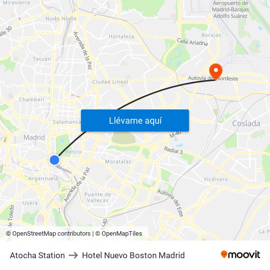 Atocha Station to Hotel Nuevo Boston Madrid map