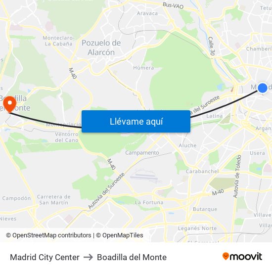 Madrid City Center to Boadilla del Monte map