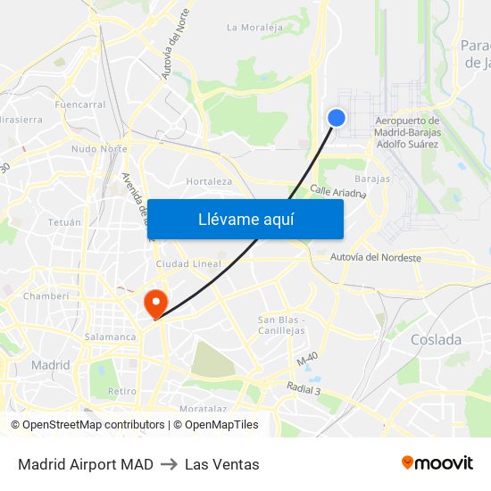 Madrid Airport MAD to Las Ventas map