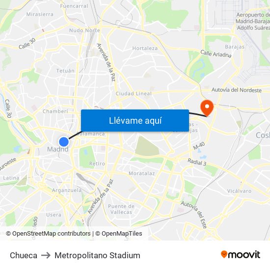 Chueca to Metropolitano Stadium map