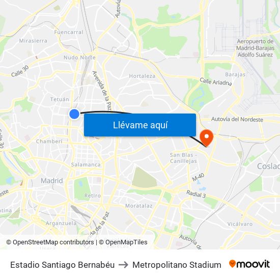 Estadio Santiago Bernabéu to Metropolitano Stadium map