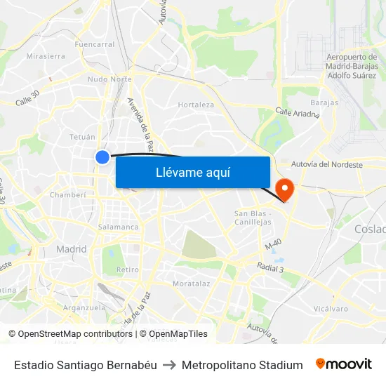 Estadio Santiago Bernabéu to Metropolitano Stadium map