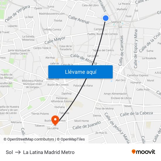 Sol to La Latina Madrid Metro map