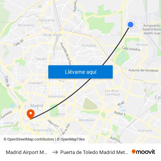 Madrid Airport MAD to Puerta de Toledo Madrid Metro map