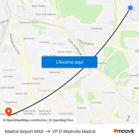 Madrid Airport MAD to VP El Madroño Madrid map