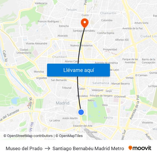 Museo del Prado to Santiago Bernabéu Madrid Metro map