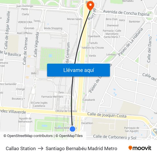 Callao Station to Santiago Bernabéu Madrid Metro map