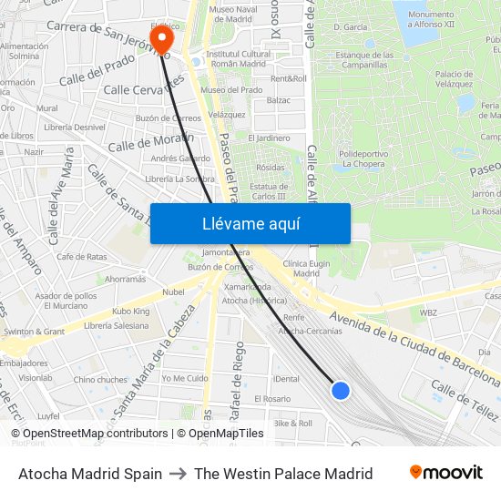 Atocha Madrid Spain to The Westin Palace Madrid map