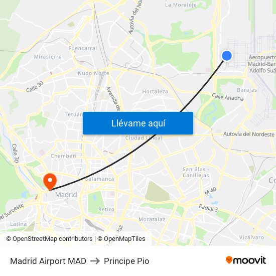 Madrid Airport MAD to Principe Pio map