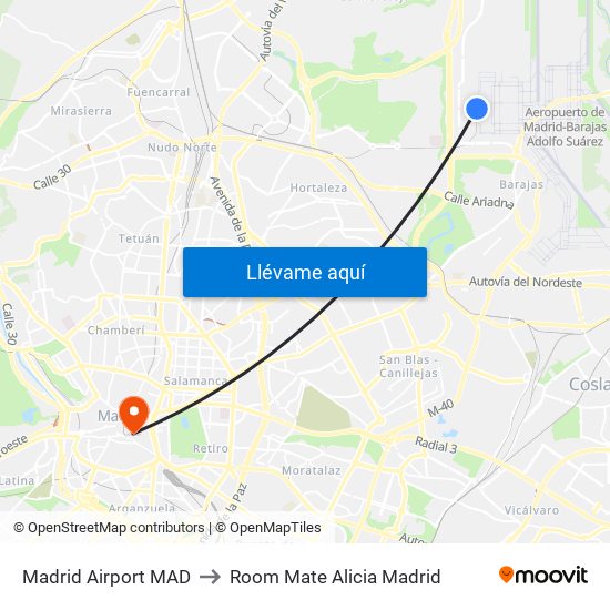 Madrid Airport MAD to Room Mate Alicia Madrid map