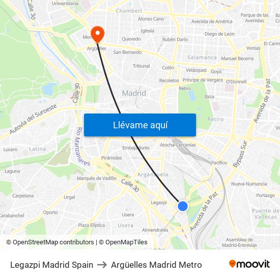 Legazpi Madrid Spain to Argüelles Madrid Metro map