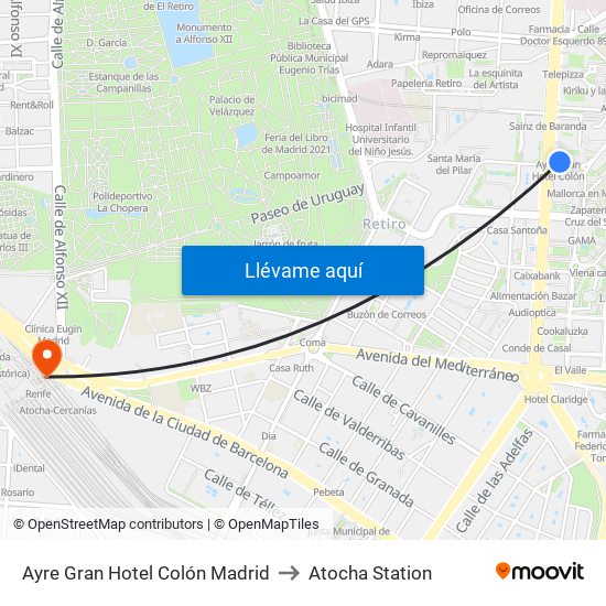 Ayre Gran Hotel Colón Madrid to Atocha Station map