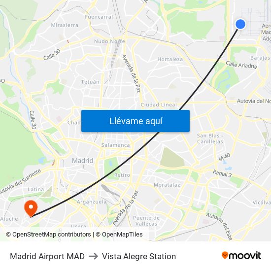 Madrid Airport MAD to Vista Alegre Station map