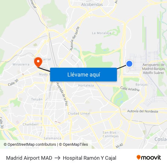 Madrid Airport MAD to Hospital Ramón Y Cajal map