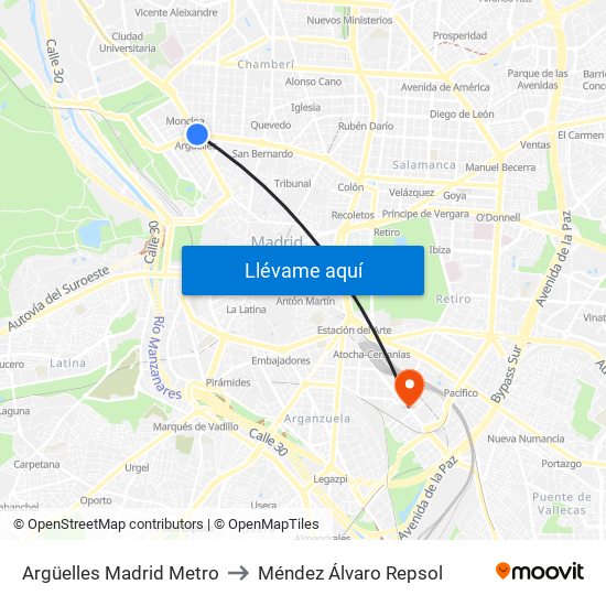 Argüelles Madrid Metro to Méndez Álvaro Repsol map