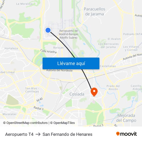 Aeropuerto T4 to San Fernando de Henares map