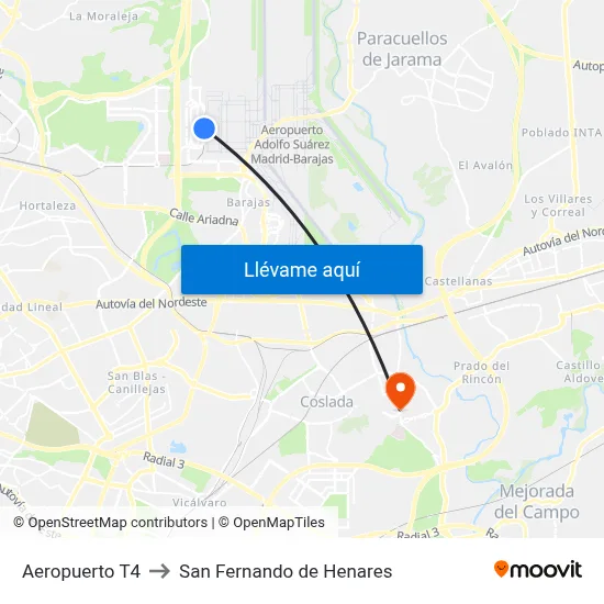 Aeropuerto T4 to San Fernando de Henares map