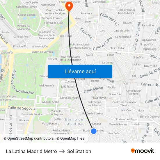 La Latina Madrid Metro to Sol Station map