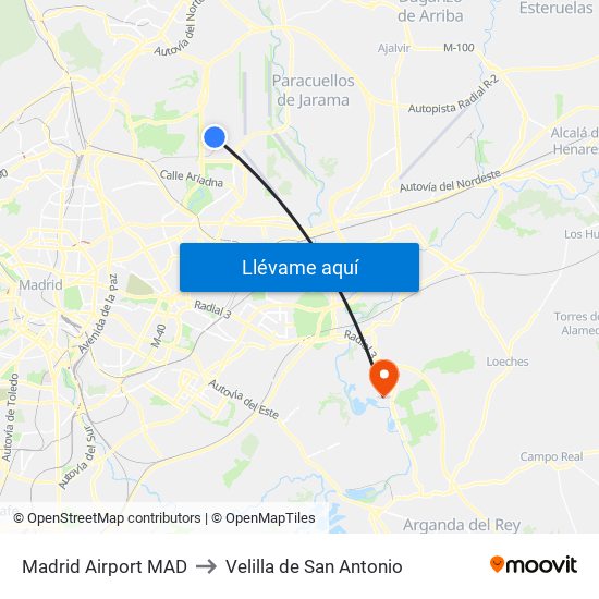 Madrid Airport MAD to Velilla de San Antonio map