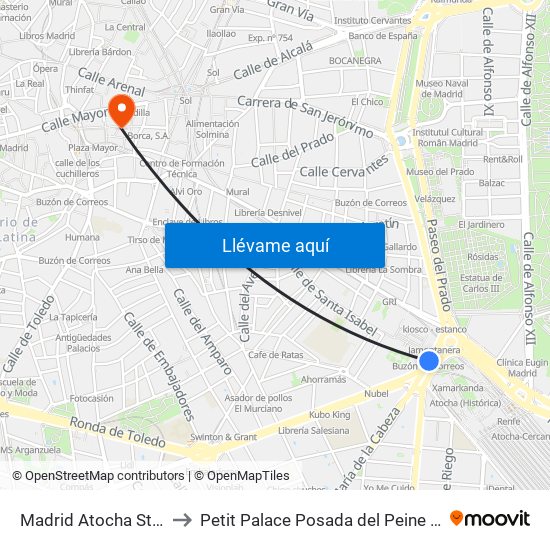 Madrid Atocha Station to Petit Palace Posada del Peine Madrid map