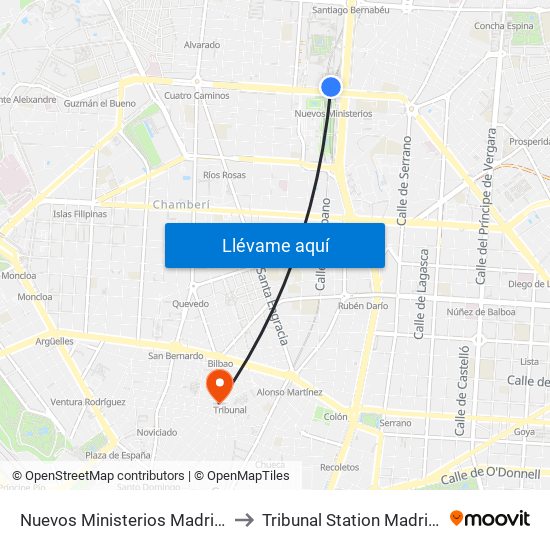 Nuevos Ministerios Madrid Metro to Tribunal Station Madrid Spain map