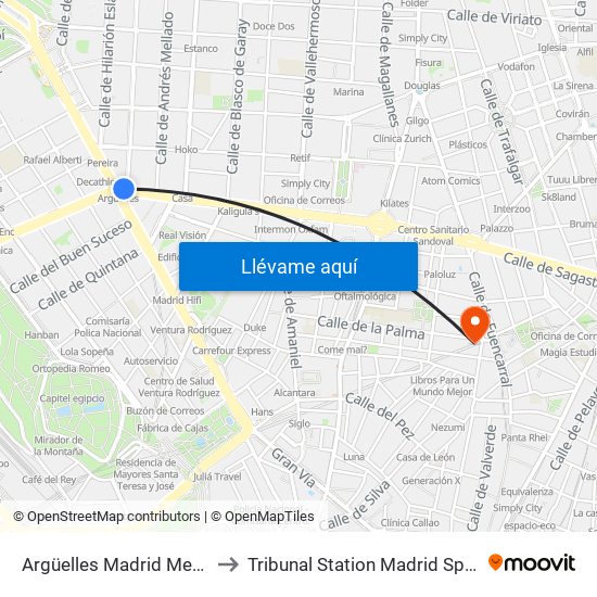 Argüelles Madrid Metro to Tribunal Station Madrid Spain map