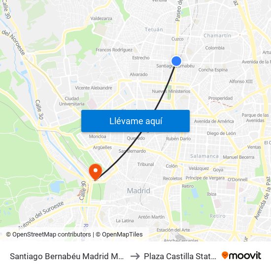 Santiago Bernabéu Madrid Metro to Plaza Castilla Station map