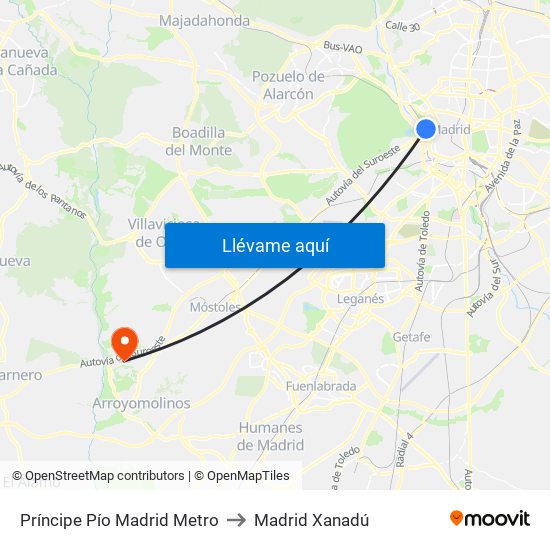 Príncipe Pío Madrid Metro to Madrid Xanadú map