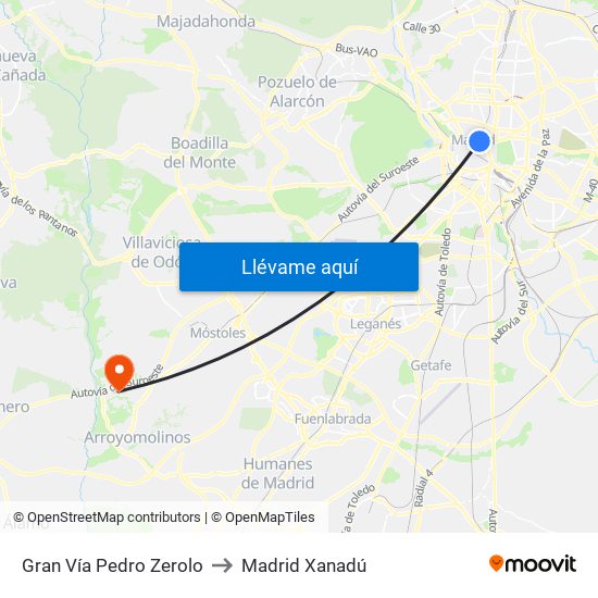 Gran Vía Pedro Zerolo to Madrid Xanadú map