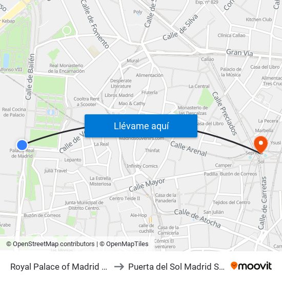 Royal Palace of Madrid Park to Puerta del Sol Madrid Spain map