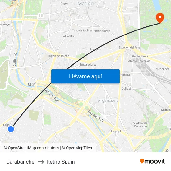 Carabanchel to Retiro Spain map