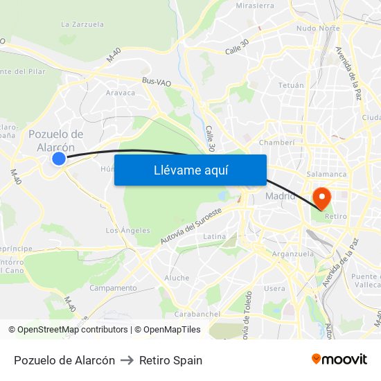 Pozuelo de Alarcón to Retiro Spain map