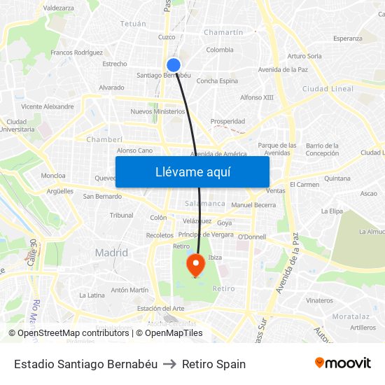 Estadio Santiago Bernabéu to Retiro Spain map