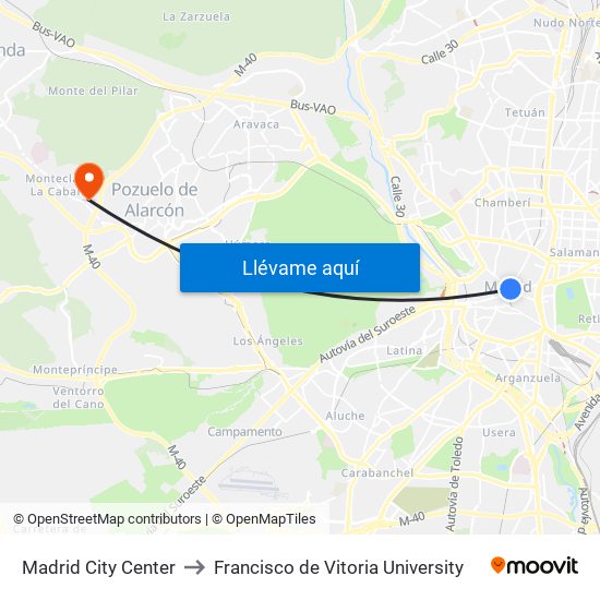 Madrid City Center to Francisco de Vitoria University map
