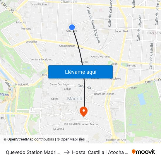 Quevedo Station Madrid Spain to Hostal Castilla I Atocha Madrid map