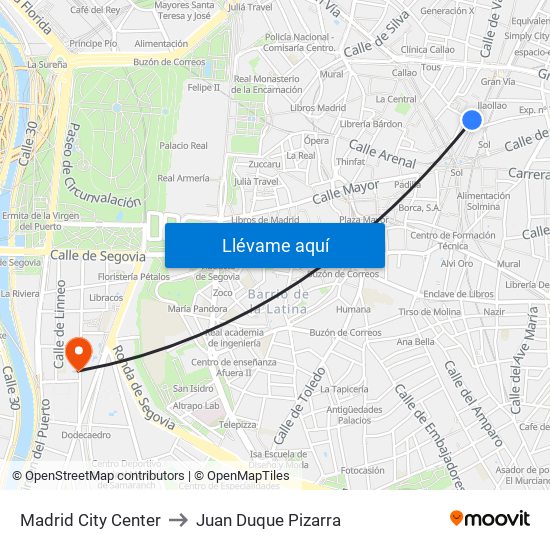 Madrid City Center to Juan Duque Pizarra map
