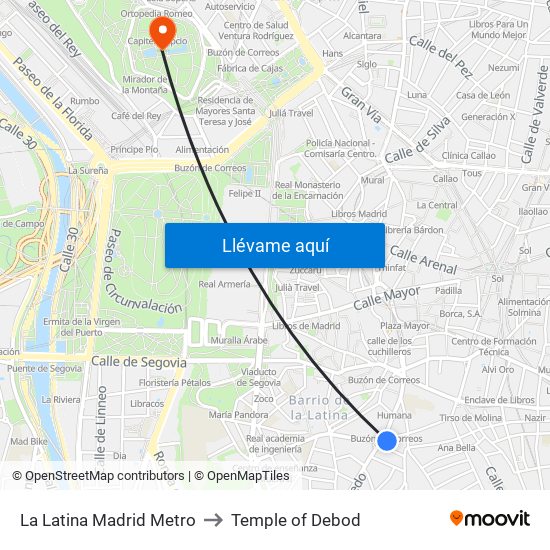 La Latina Madrid Metro to Temple of Debod map