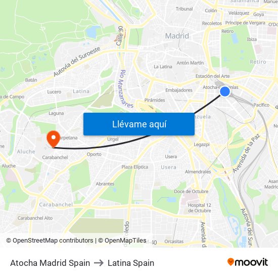 Atocha Madrid Spain to Latina Spain map