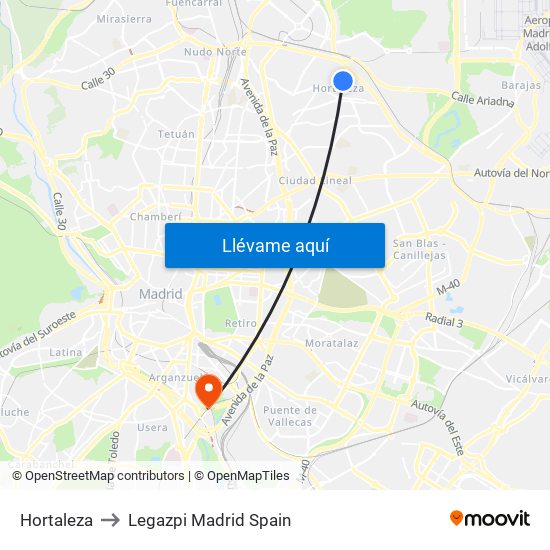 Hortaleza to Legazpi Madrid Spain map