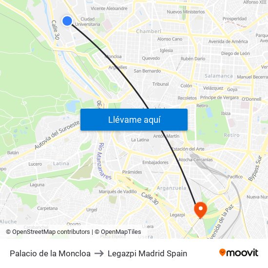 Palacio de la Moncloa to Legazpi Madrid Spain map