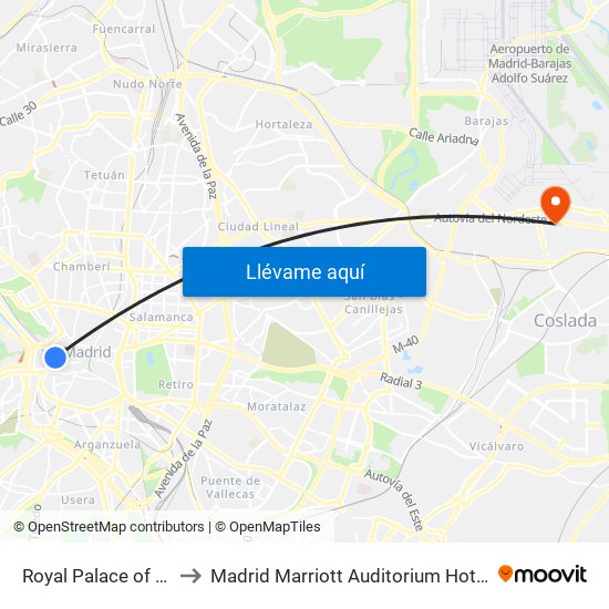 Royal Palace of Madrid Park to Madrid Marriott Auditorium Hotel Conference Center map