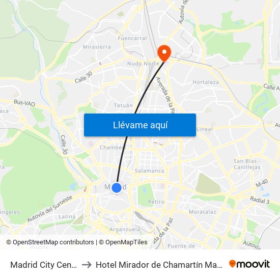 Madrid City Center to Hotel Mirador de Chamartín Madrid map
