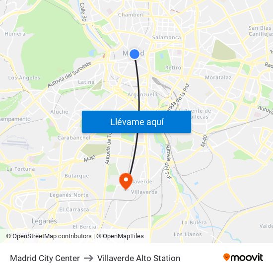 Madrid City Center to Villaverde Alto Station map