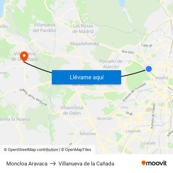 Moncloa Aravaca to Villanueva de la Cañada map