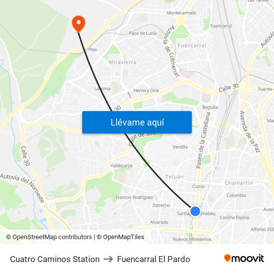 Cuatro Caminos Station to Fuencarral El Pardo map