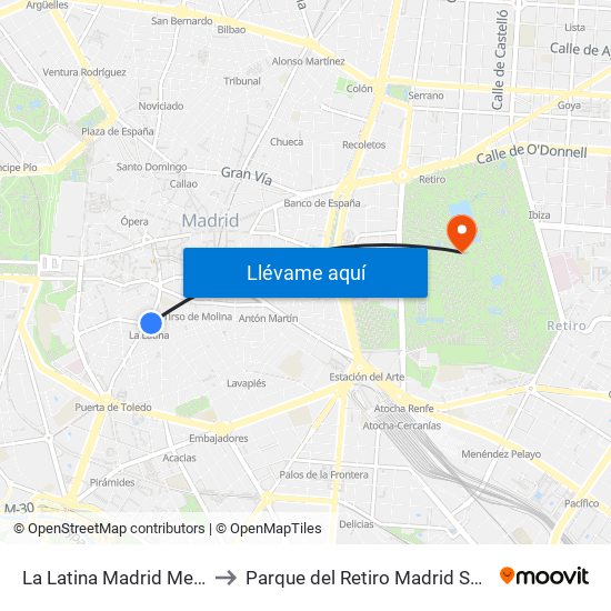 La Latina Madrid Metro to Parque del Retiro Madrid Spain map