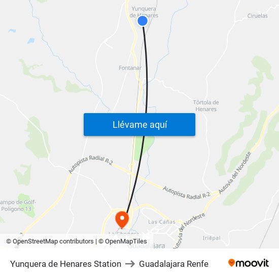 Yunquera de Henares Station to Guadalajara Renfe map