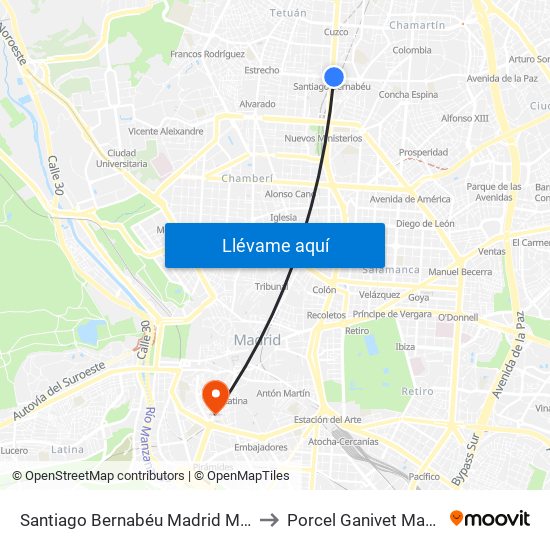 Santiago Bernabéu Madrid Metro to Porcel Ganivet Madrid map