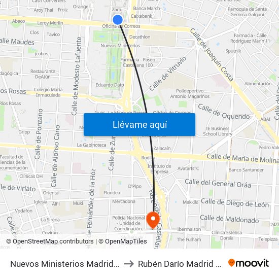 Nuevos Ministerios Madrid Metro to Rubén Darío Madrid Metro map