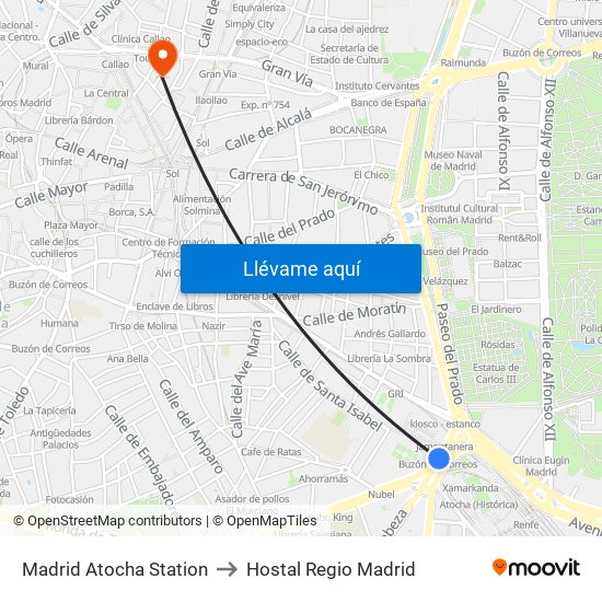 Madrid Atocha Station to Hostal Regio Madrid map